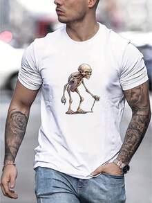 Camiseta corta casual de cuello redondo para hombres de primavera, verano y otoño con patrón de alienígena 5GJT - Blanco - Ver 6