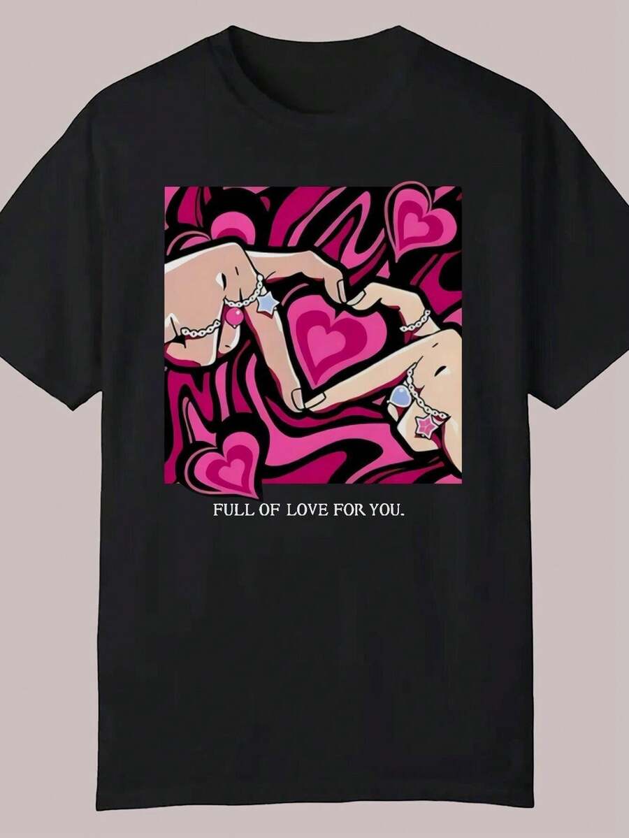 Camiseta gráfica casual de verano para hombres - Cuello redondo. Poliéster. Negro con diseño Lleno de amor para ti. Lavable aáquina. Ligero; Transpirable para atuendos casuales. Camiseta gráfica audaz de verano casual, textura suave. Ropa Casual Diseño Juguetón Camisa de Textura Suave - Negro - Ver 1