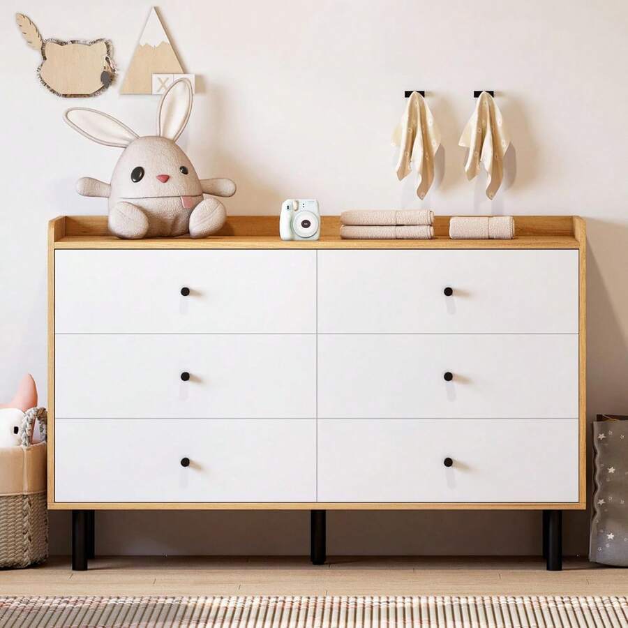 Cajonera para Recamara, Comoda Cajonera, Tocador Blanco para Dormitorio, Tocador de Madera Natural de 6 Cajones con Asa Dorada para Dormitorio, Sala de Estar, Pasillo 120 * 41 * 80CM - 1 - Ver 1