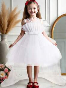 Girls' Elegant Bowknot Tulle Trailing Puff Dress, Suitable For Birthday Party, Banquet, Does Not Include Headband - White - View 5