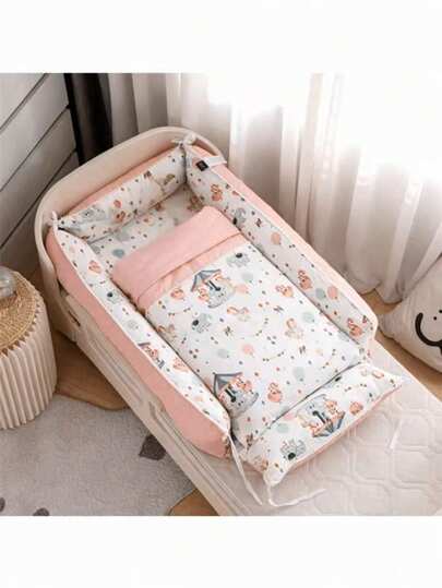 1 Set Cute Cartoon Reversible Pattern Portable Baby Crib Mattress, Newborn Nest Bed Pad With Zipper Removable Cover