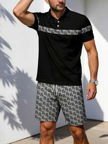 Men's Casual Letter Print Polo Shirt And Shorts Set, Summer - Multicolor - View 2