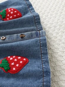 Baby Girls' Washed Denim Dress With Polka Dot Print And Strawberry Embroidery, Cute And Fashionable, Suitable For Baby's Vacation And Daily Wear, Spring/Summer - Blue - View 7