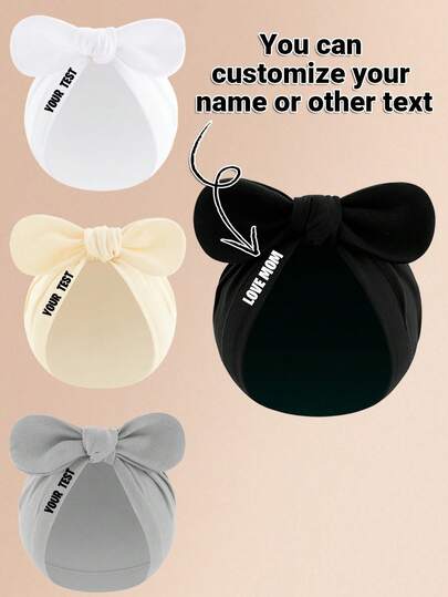 1pc Personalized Newborn Baby Pure Cotton Solid Color Bow Beanie Hat, Multi-Color Options, Customizable With Name, Birthday, Address, Fashionable & Cute, Suitable For Baby Boys & Girls Daily Use, Great Gift