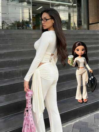 1 Set Solid Color Elegant Casual Backless Tie-Up Long Sleeve T-Shirt + High Waist Knotted Flared Casual Yoga/Outdoor Sports Pants