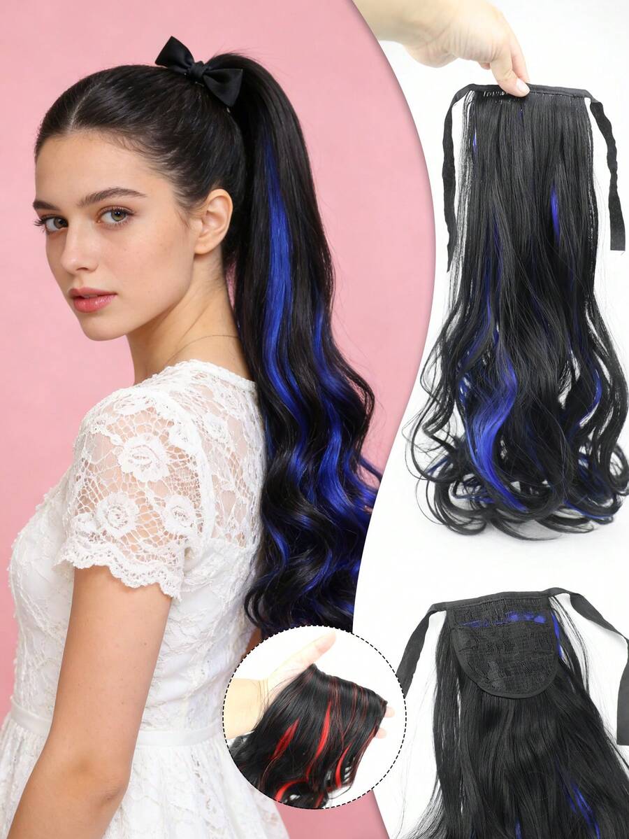 Wavy Curly Ponytail Extensions - 16"-24" Heat Resistant Synthetic With Drawstring, Black Blue Highlights For Holiday Parties Daily Glam