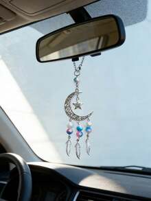 1件汽车内饰悬挂装饰品 - 捕梦网月亮羽毛珍珠后视镜配件 - A - 查看 3