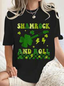 Happy St Patricks Day Shamrock And Roll Retro Groovy Guitar Player T-Shirt Summer Tops, Short Sleeve Round Neck Casual Top For Summer & Spring, Women's Clothing - 黑色 - 查看 1