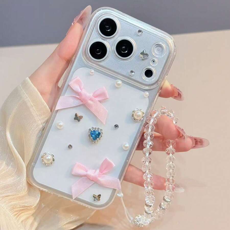 Luxury 3D Pearl Bow Rhinestone Transparent Phone Case With Chain, Compatible With IPhone 17 Pro Max/17 Pro/17, 16 Pro Max/16 Pro/16, 15 Pro Max, 14 Pro/14, New 13, Fashionable Exquisite Phone Cover - Clear - View 1