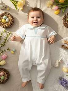 Infant Baby Boy Girl Easter Jumpsuit Blue Trim Cross Embroidery Short Sleeve Peter Pan Collar Romper Newborn Cute One Piece Bodysuit - 白色 - 查看 10