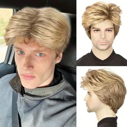 10 Inch Gold Short Elf Bangs Wig - Curly Wave Synthetic Hair, Heat Resistant No Lace Rose Cap, 100% Density, Natural Looking, Suitable For Men, Daily Wear, Fits All Ethnicities, Short Wig, Daily Hair Accessory, Elegant Hair Accessory