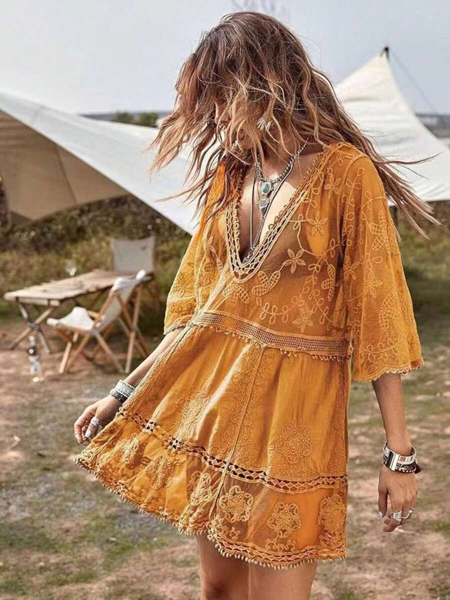 Sexy Lace Beach Skirt By The Sea - 芥末黃 - 查看 1