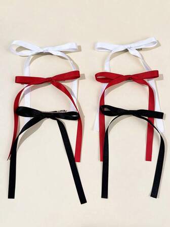 6 Pcs Ribbon Hair Bow Clips For Women Girls, Long Tail Satin Bows Hair Barrettes, Elegant Thin Ribbon Bowknot Hair Pins, White Bow Red Bow Black Bow Hair Accessories For Wedding Party Daily Wear
