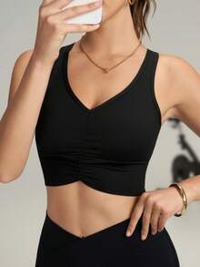 Áo tank top thể thao không tay cổ chữ V màu đen dành cho nữ, có đệm ngực rời, thích hợp cho tập luyện thể thao mùa hè. - màu đen - Xem 2