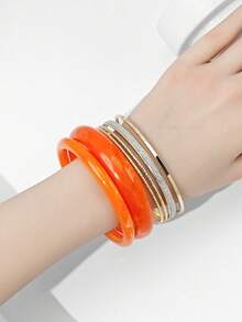 Set de 6 piezas de pulseras minimalistas de metal y resina de moda para mujer, aptas para uso diario - Naranja - Ver 3