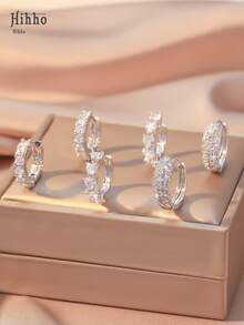 Bộ 6 bông tai tối giản, thời trang, đa năng, đính đá Cubic Zirconia lấp lánh hình hoa, bông tai hình lúa mì, bông tai hình giọt nước, quà tặng trang sức cao cấp. - Bạc - Xem 8