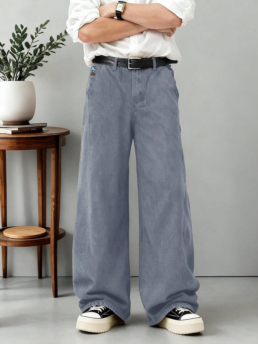 1pc Retro American Style Men's Loose Fit Wide Leg Brown Jeans, Cartoon Elephant Embroidery, Unisex (Belt And Accessories Not Included) - Grey - View 1