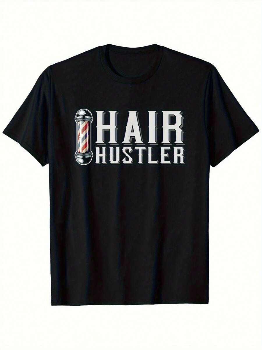 Camiseta gráfica de barbero negra para hombres - HAIR HUSTLER; Impresión de poste de barbero. Camiseta Casual de Cuello Redondo de Ajuste Regular% Algodón para Estilistas. Profesionales de barbería; Estudiantes. Comodidad para todas las estaciones. Tela de algodón duradera - Negro - Ver 1