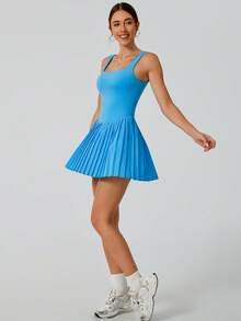 NcmRyu 1 Set Women's Fashion Anti-Flashing Safety Shorts With Waist Cinching, Hollow-Out Back, And Pleated Skirt Hem Athletic Dress - Lake Blue - View 7