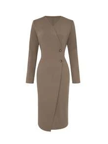 女士高端优雅中长连衣裙，端庄精致，适合春秋季节，修身显高秋季连衣裙 - 咖啡棕 - 查看 2