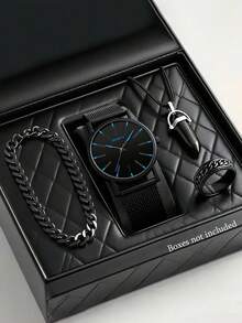 4 Stücke/Set lässige, modische ultradünne runde schwarze Legierungs-Armbanduhr, schwarzer Hexagon-Anhänger Halskette, Ring, Ketten-Armband Set, Legierungs-Mesh-Cut-Out-Design, batteriefrei, Geschenk für ihn zum Geburtstag, geeignet für Weihnachten, Geburtstag, Thanksgiving - Schwarz - Übersicht 11