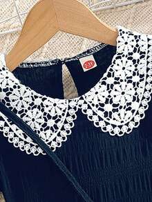 Young Girl' Fashion Casual Ruffle Collar Puff Sleeve Dress + Matching Simple Versatile Bag Set