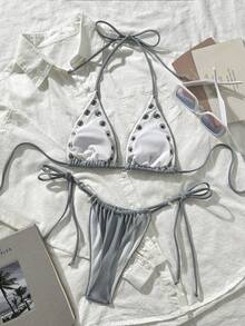 Bộ bikini tam giác gợi cảm thời trang xuân/hè mới dành cho nữ, gồm 2 mảnh, có đệm mút tháo rời, chi tiết khoét lỗ bằng kim loại, vải bóng, dây buộc cổ, thích hợp cho kỳ nghỉ hè đi biển. - Màu Xám nhạt - Xem 6