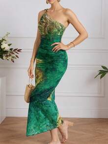 女士优雅不对称领口无袖褶饰开衩中长款鸡尾酒会连衣裙