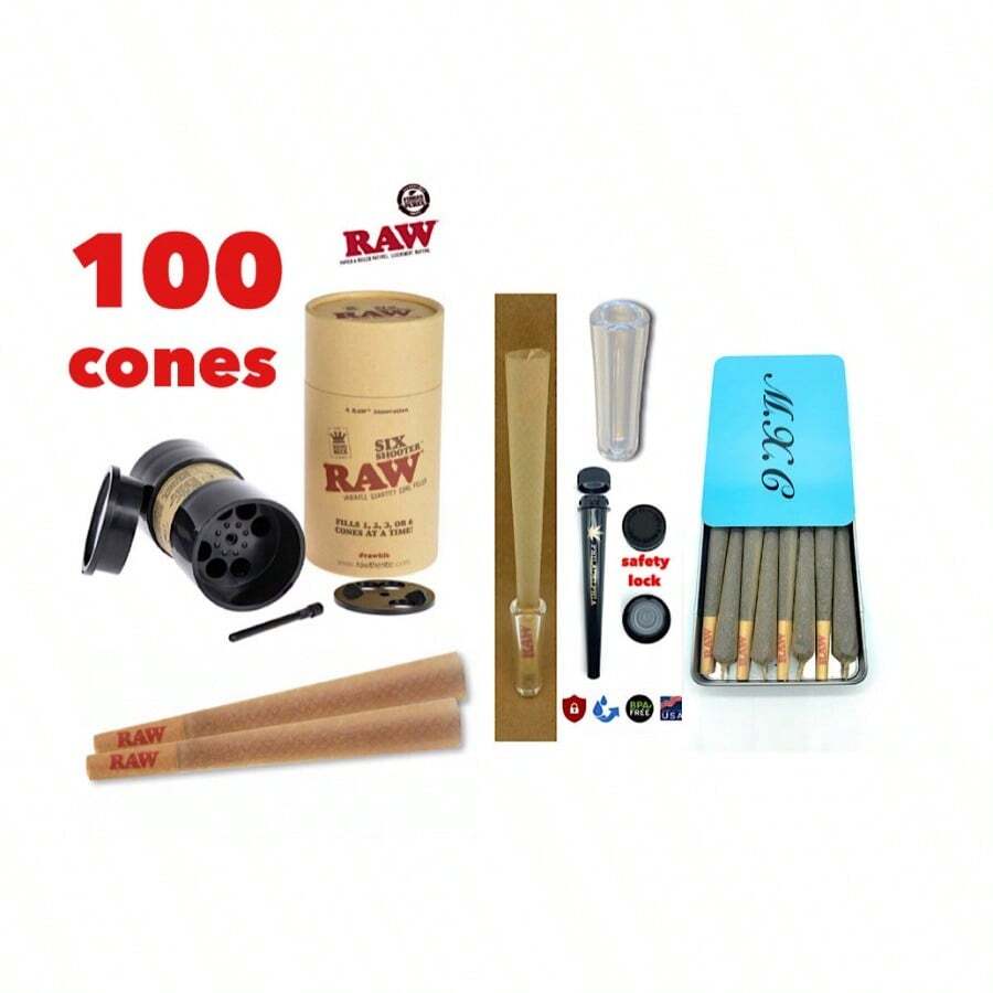 RAW Classic King Size Cone 100PK +Ra<Wbr/>W Six Shooter +Tube+Glass Cone Tip+Cone Case - 如圖所示 - 查看 1