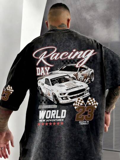  Zrgoth Men's Casual Versatile Minimalist Racing English Slogan Element Washed Short Sleeve T-Shirt