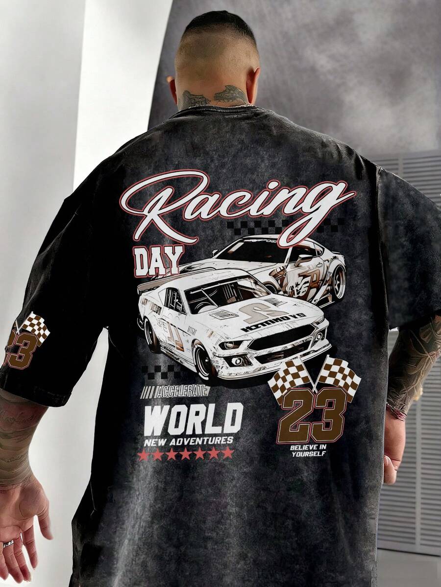 Zrgoth Men's Casual Versatile Minimalist Racing English Slogan Element Washed Short Sleeve T-Shirt - Black - View 1