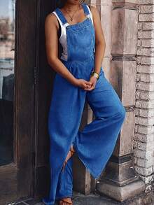 度假休闲牛仔效果印花宽松阔腿背带连体裤 - 深色水洗藍 - 查看 2