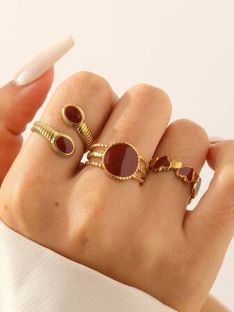 3pcs/Set Vintage Chic French Style Gold-Plated Stainless Steel Heart & Geometric Round Open Adjustable Rings, Suitable For Women Daily, Party, Date Wear