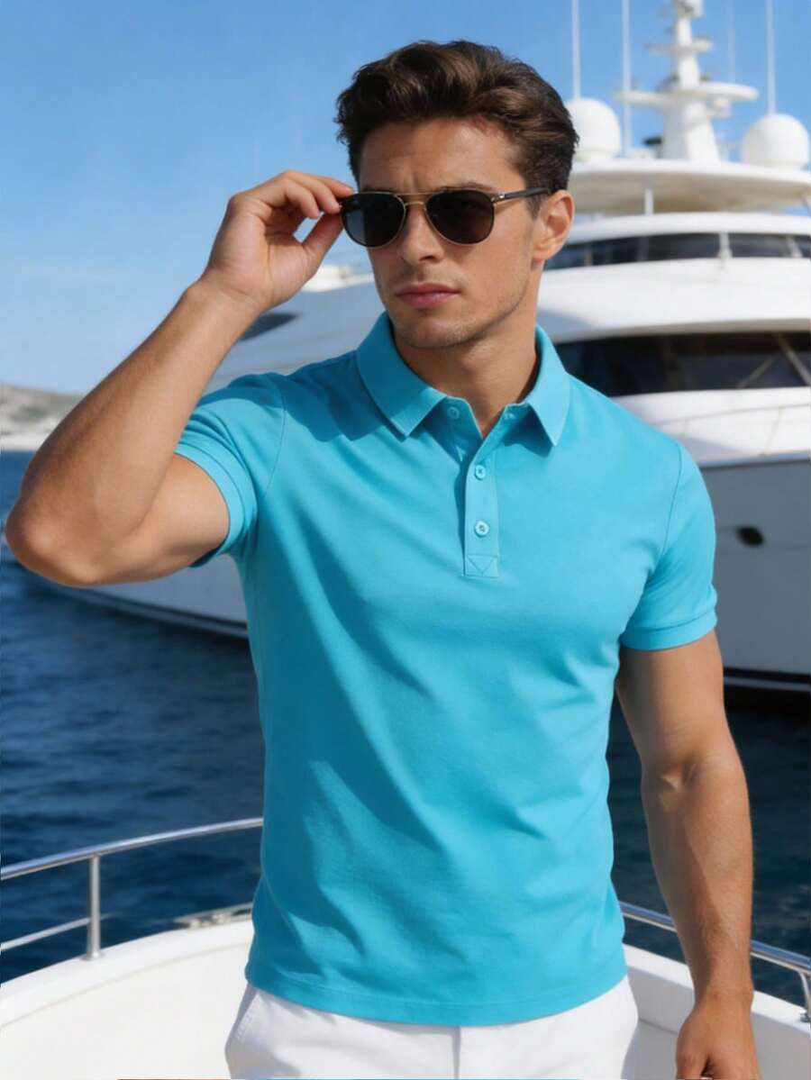 Men's Solid Color Breathable Fashion Casual Business Running Fitness Elastic Polo Shirt, Boyfriend Style - Blue - View 1