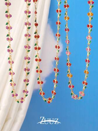 1件装时尚不锈钢滴油樱桃链项链，女士水果手工链条颈链，珠宝礼品