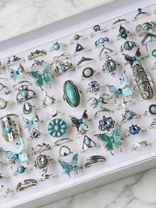 20pcs/Set Vintage Elegant Bohemian Style Artificial Stone Rings, Casual Party Gift, Everyday Jewelry Accessories For Men & Women - 20 Blue Butterfly Water Diamond Head and Tail Rings - View 5