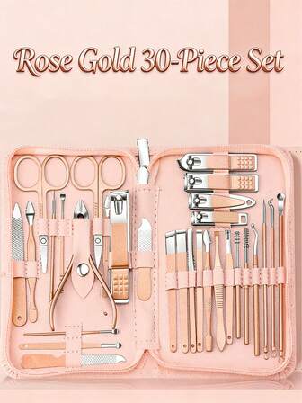 30-delars nagelklippare i rostfritt stål, professionellt manikyrkit med öronvaxborttagare och nagelfil - hållbara bärbara pedikyr- och manikyrverktyg för fingernaglar och tånaglar (rosenpulver)