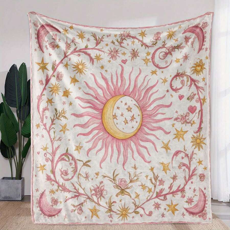 Retro Moon, Star And Sun Printed Blanket,Super Soft Flannel Printed  Blanket,As Birthday Gifts, Family, Wedding, Souvenir Blankets, Polyester Blankets Suitable For All Seasons, Washable, Machine Washable, Lightweight, Breathable, Comfortable, Warm, Unique, 280gsm For Him, Her Personalized Ideal Gifts For Her, Him, Family, Boyfriend, Girlfriend, Father, Family, Mother, Lover, Daughter, Son, Grandfather, Grandmother, Teacher,Doctor, Nurse,Friend, Classmate, Pet. Perfect Nap, Camping, Travel, Home, Daily Life, Office Decoration, Birthday, Anniversary, Valentine's Day, Thanksgiving, Graduation Season,Christmas, Halloween, Mother's Day, Father's Day, Wedding, New Year Gifts ,Sofa,Bed,Car,Bedroom,Living Room,Office,  Outdoor Camping, Beach,Wall Decoration - 多色4 - 查看 1