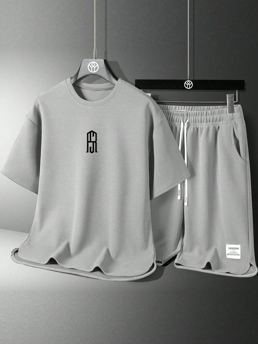 Setelan Kaos dan Celana Pendek Lengan Pendek Leher Bulat Warna Polos Bermotif, Menyerap Keringat, dan Bernapas untuk Remaja di Musim Panas - Light Grey - View 1