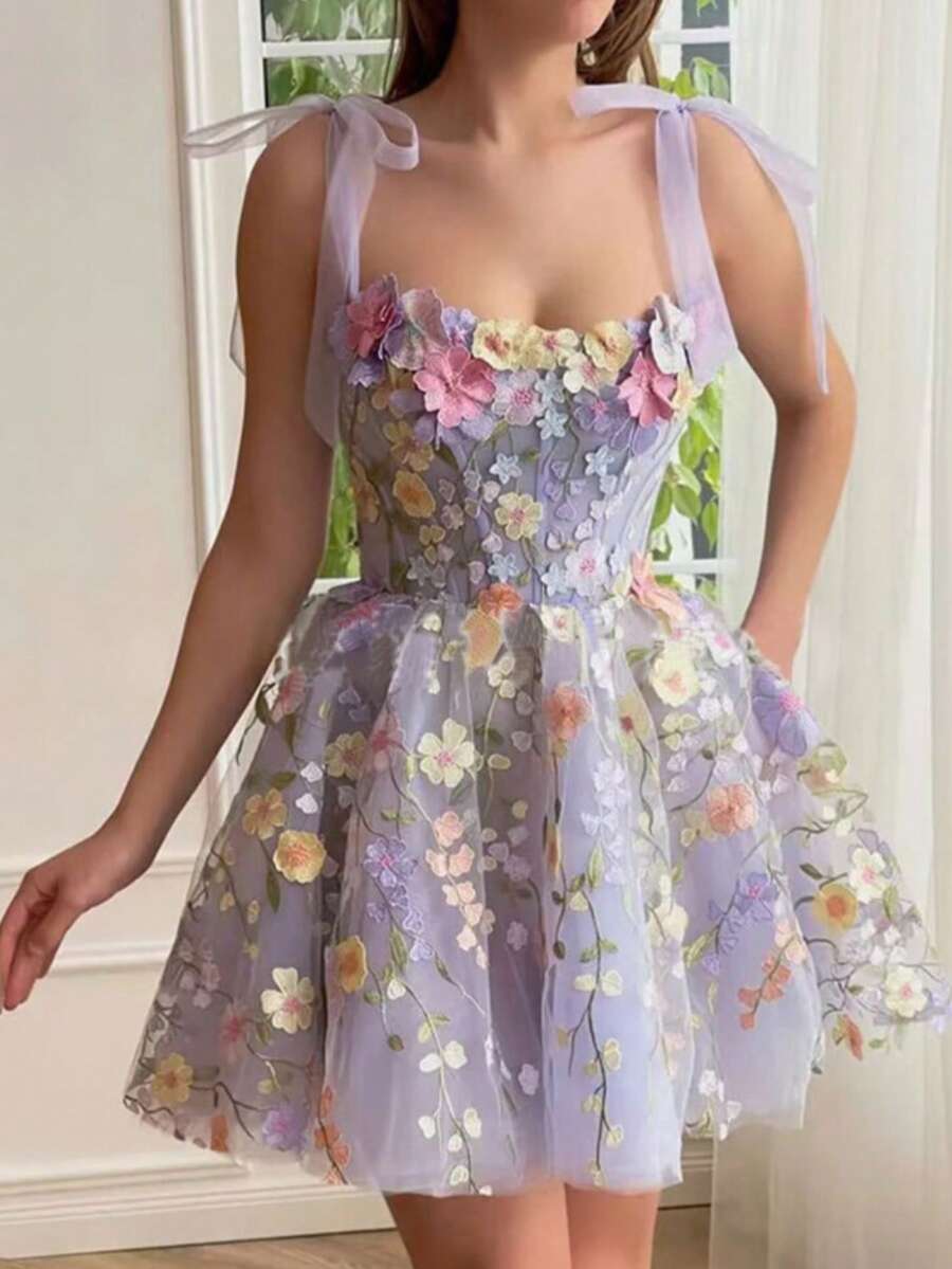 Dresses For Women,Women's Fashionable 3D Floral Embroidered Bodycon Sexy Suspender Dress - 淺紫色 - 查看 1