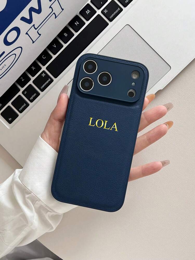 Customized Initial Name Phone Case, Compatible With IPhone 17/16/15/14/13 Pro Max Plus Air, 3D Embossed Luxury Litchi Grain Genuine Leather Protective Cover, Great Gift - Blue - View 2