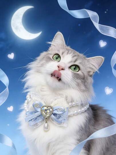 1件装宠物猫咪可爱领结双珍珠项链，萌趣双珍珠项链，适合中小型犬猫，宠物节日装饰项链，宠物配饰，宠物服装用品