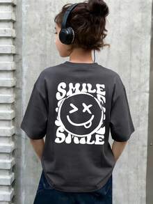 1pc Girls Casual Smiling Face Print Round Neck Short Sleeve T-Shirt, Summer Student Young Children Clothing - Dark Grey - View 1