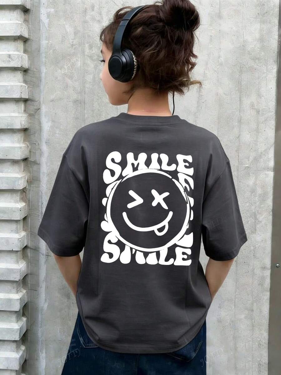1pc Girls Casual Smiling Face Print Round Neck Short Sleeve T-Shirt, Summer Student Young Children Clothing - Dark Grey - View 1