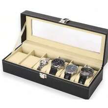 Caja de almacenamiento para relojes de 6 compartimentos de cuero sintético negro, caja organizadora para relojes con espejo, caja portátil para joyas - Negro - Ver 3