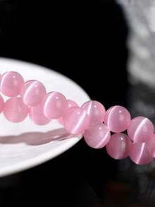 1串天然猫眼玫瑰石英珠子 – 天然粉色透石膏，6毫米、8毫米、10毫米圆形散珠，适用于手链、项链DIY首饰制作 - 粉色 - 查看 5