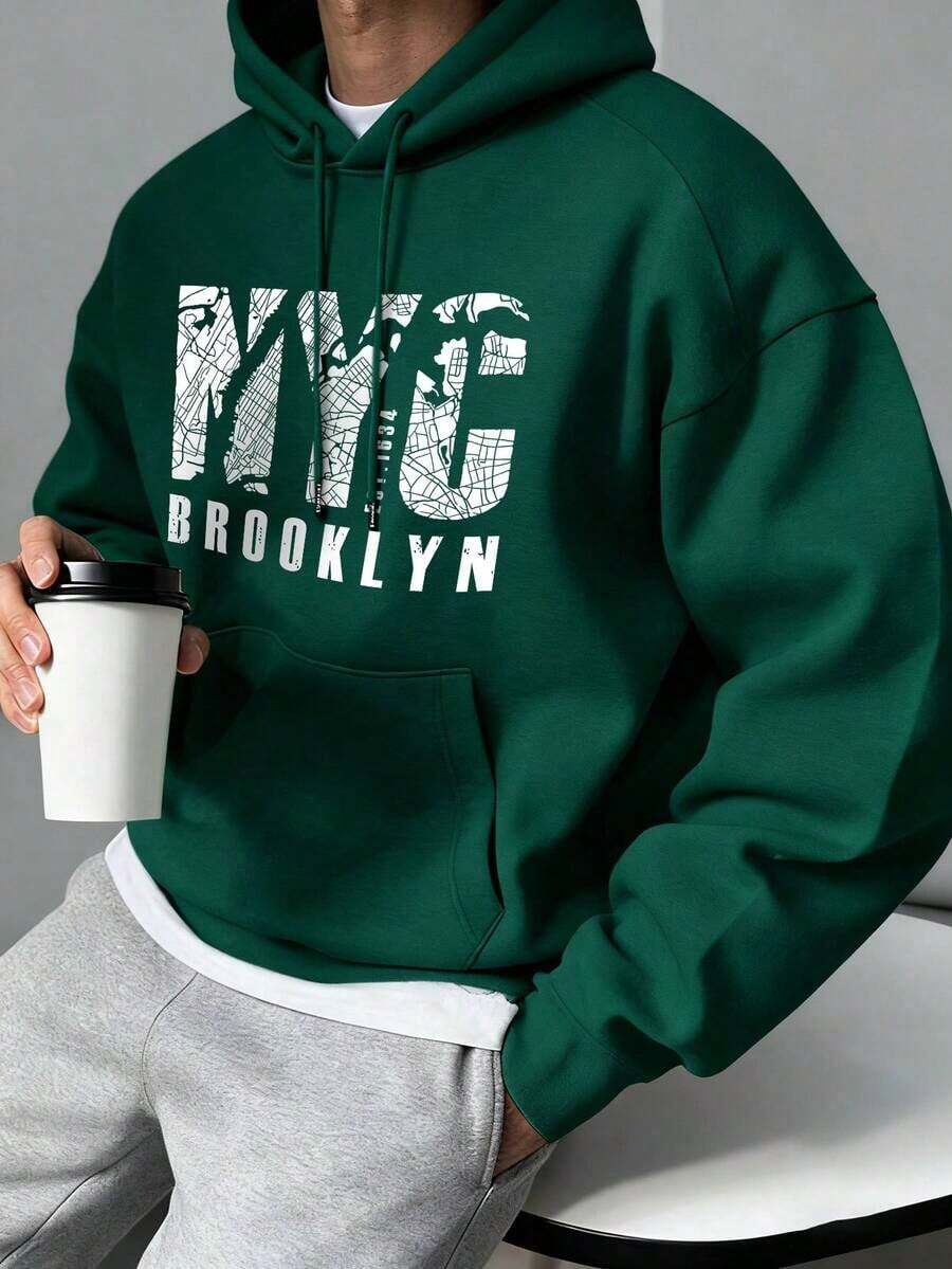 Preppy Lettering Men's Casual Street Hoodie, Drawstring Pocket, Slogan Print, Spring/Autumn, Long Sleeve TopLoose And Comfortable,Casual And Easy-Goin,Valentine's Day Hoodie For Couples,New Years Outfit Women - 綠色 - 查看 1