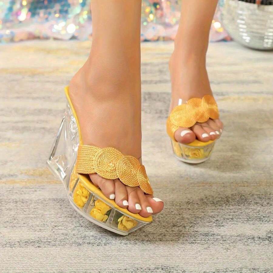 2026 Yellow Rose Slippers | Sparkling Floral Decor For Party & Casual Wear New Year Women's 4.33" Wedge Heel Crystal Sandals - - 黃色 - 查看 1
