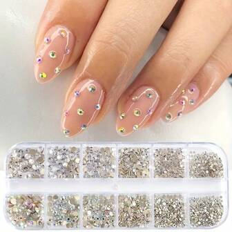 White Diamonds On Gold Background, AB Nail Rhinestones, 12 Compartments Box, Nail Decorations, Popping Flash Glass Flat Round Rhinestones, Nail Decorations
