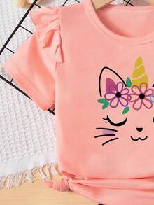 Young Girl Cartoon Print Ruffle T-Shirt And Bow Front Shorts Set - Pink - View 3